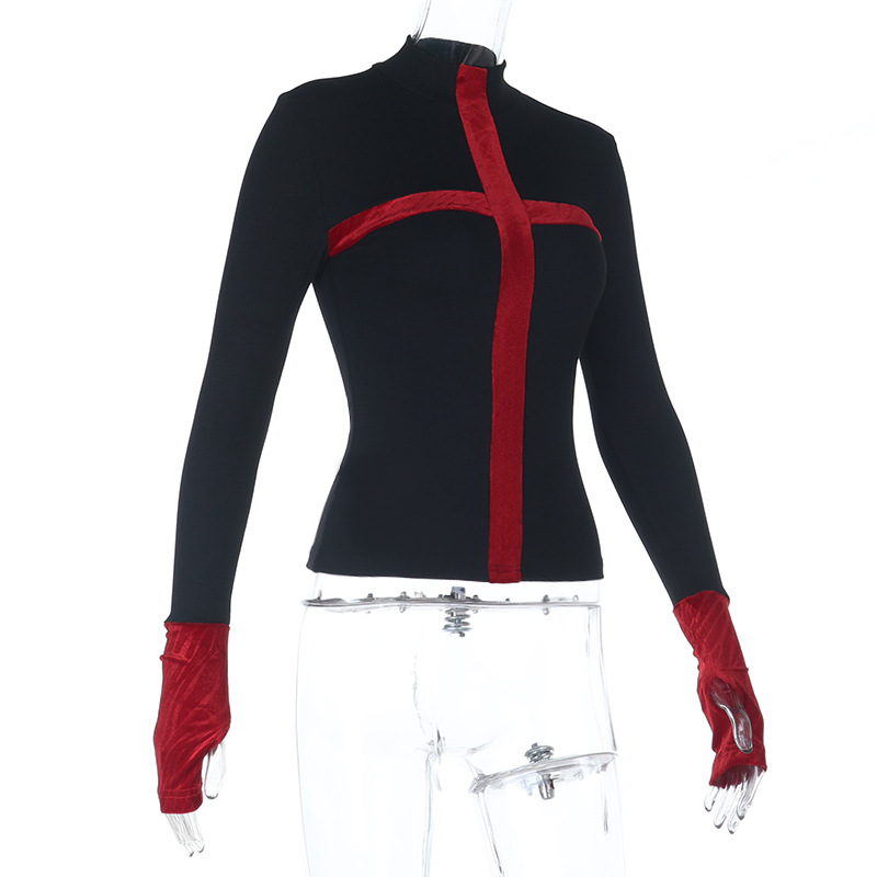 Dark Gothic Black Red Contrast Knit Top - Velvet Cross Slim Long Sleeve T-Shirt